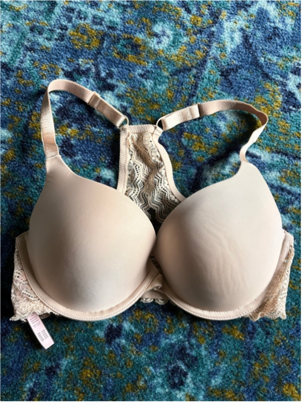 Beige Lace Racerback Front Clasp Bra US 34D Soft Polyamide-Spandex Blend